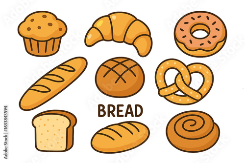 Cartoon bakery bread pastry collection. Vector illustration of assorted breads, pastries and baked goods including croissant, baguette, pretzel, muffin, donut, cinnamon roll, cute food clipart set.
