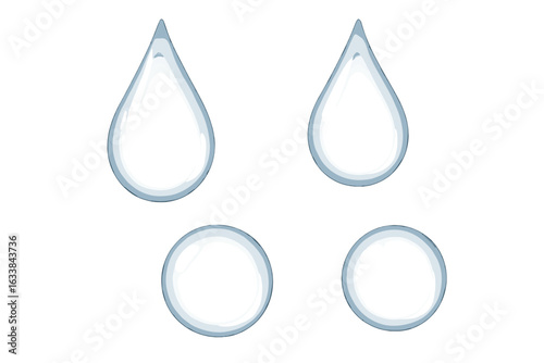 Realistic water drops set. Glossy transparent teardrop and round shapes. Clean clear aqua droplets. Isolated water drop vector illustration kit. Translucent liquid effect design elements.