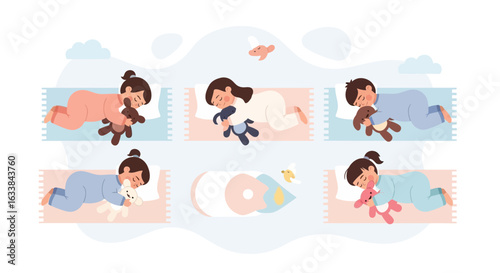 Collection Of Baby Child Girl Boy Lying On Bed Sleeping With Stuffed Animals