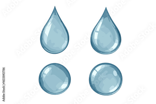 Realistic Water Drop Set. Transparent Liquid Droplets Collection. Glossy Blue Raindrop and Droplet Shapes. Vector Illustration. Isolated Water Elements for Design on Transparent Background