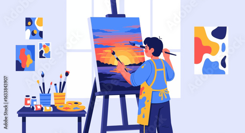 Creative Young Artist Painting A Picturesque Sunset Scene In Art Studio