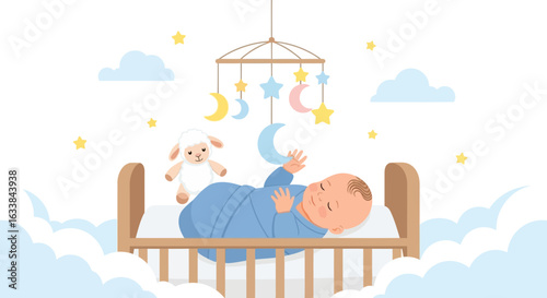 Dreamy Infant: Adorable Baby Sleeping Peacefully Under Starry Mobile In Crib