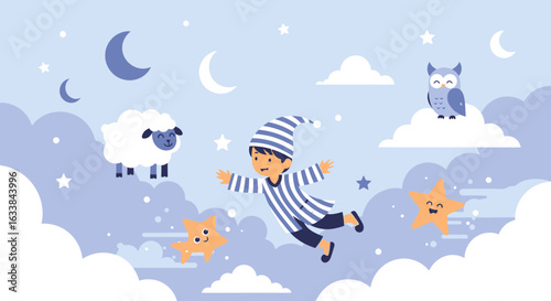 Dreamy Night Scene Featuring A Boy In Pajamas Floating Among Stars