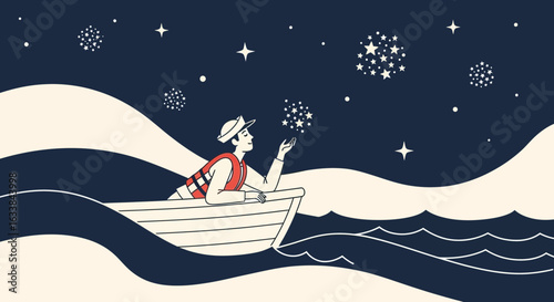 Dreamy Night Voyage Young Man Sailing Boat Under Starry Sky Illustration