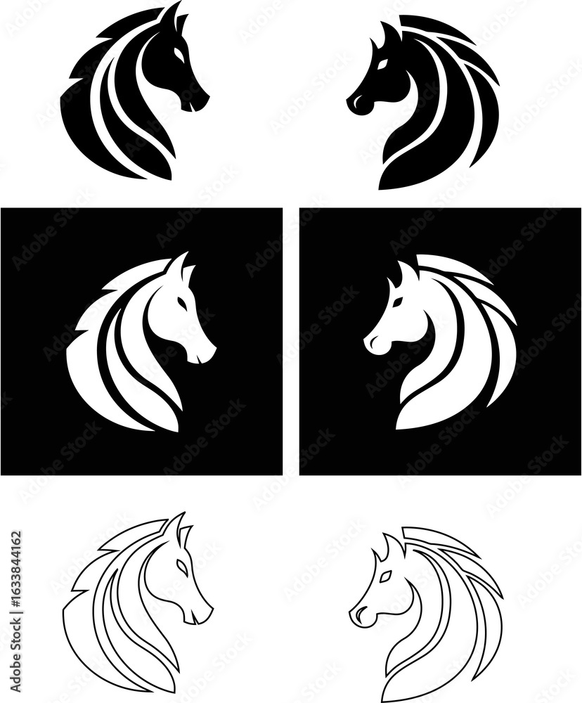 Fototapeta premium Horse head design bundle in outline, filled, and reversed styles. Perfect for horse farms, racing stables, and logo templates.