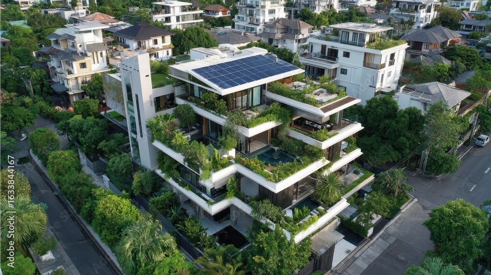 Fototapeta premium Beautiful photo of modern multi-tiered house with green rooftops and solar panels is surrounded by lush landscaping and neighboring homes in a well-planned residential area.