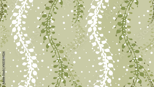 Delicate floral pattern with hanging vines and scattered dots on a light green background design element