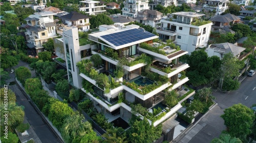 Beautiful photo of modern multi-tiered house with green rooftops and solar panels is surrounded by lush landscaping and neighboring homes in a well-planned residential area.