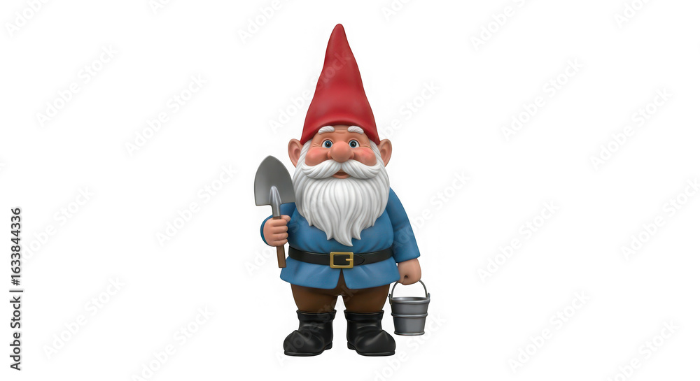 Obraz premium Garden gnome holding a shovel and bucket on black background