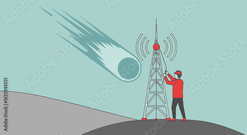 Communication Tower Repairman with Meteorite Danger During Technological Progress
