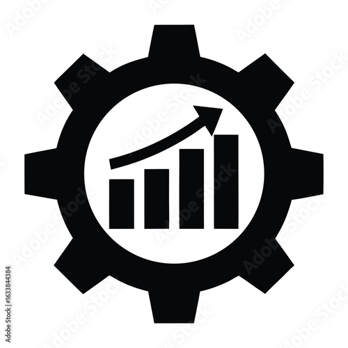 Black gear icon with upward trending bar graph and arrow cogwheel mechanical
