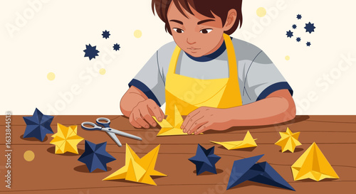 Concentrated Boy Crafting Origami Stars In His Leisurely Spare Time