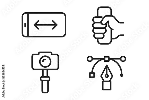 Set of Line Style Product Design and Creative Gadget Icons – Smartphone Orientation with Arrows, Hand Holding Device, Camera Stabilizer Gimbal, Vector Pen Tool, Modern Digital Concept