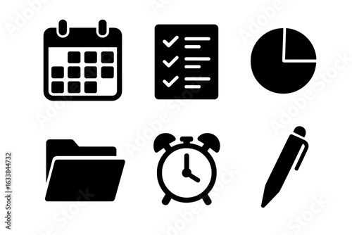 Project planning and time management solid icon set. Calendar, checklist, pie chart, folder, alarm clock and pen symbols. Business productivity tools and task organization concept vector illustration.