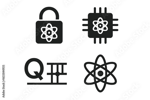 Quantum Technology Icon Set. Quantum Computing, Quantum Cryptography, Quantum Sensors, Quantum Microchip. Solid and Filled Vector Icons. Atomic Symbol, Qubit, Science Technology, Secure Data Concept
