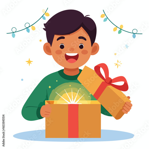 A delighted young boy opens a glowing gift box with a red bow.