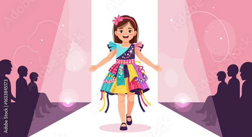 Confident Little Girl Strutting Down Runway in Whimsical Patchwork Dress
