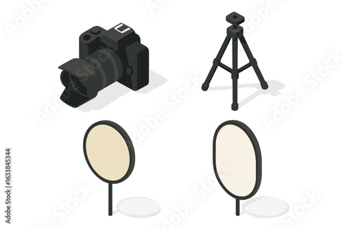 Isometric Photography Equipment Icons Set. Professional Camera with Lens Hood, Studio Tripod, Round and Oval Light Reflectors, Diffusers. Flat Vector Illustration for Photographers, Photo Studio Tools