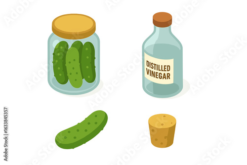 Isometric Pickling Essentials Vector Set with Glass Jar of Pickled Cucumbers, Distilled Vinegar Bottle, Fresh Cucumber, Cork Stopper. Food Preservation Ingredients. Home Canning Concept Illustration
