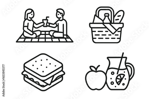 Outline Picnic Icon Set with Friends Sharing Drinks on Picnic Blanket, Classic Picnic Basket with Food, Sandwich, Apple, Lemonade Jug, Summer Outdoor Lunch, Minimal Vector Illustration