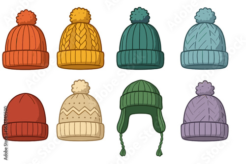 Knitted winter hats vector collection, cozy beanies, pom pom hats, earflap and patterned caps, assorted colors, cartoon style, seasonal fashion accessories set, warm headwear illustration