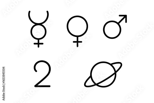 Planet symbol outline icon set, astrology and astronomy vector collection. Mercury, Venus, Mars, Jupiter, Saturn ring. Celestial bodies, planetary glyphs, science illustration. Transparent background