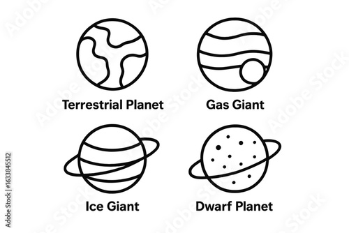 Planet types outline icon set. Terrestrial, gas giant, ice giant, dwarf planet vector illustrations. Minimalist solar system planet symbols. Flat line astronomy concept. Educational science resource.