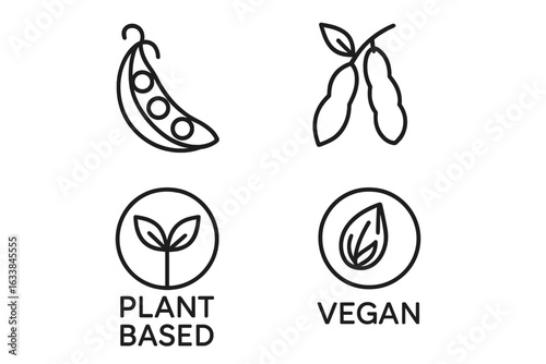 Plant based vegan icons set. Outline vector label collection for vegetarian dairy free products. Pea pod soy bean cluster leaf eco food sign, plant based and vegan symbols for packaging design.