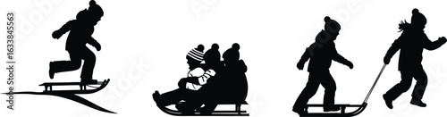 Children enjoying winter activities with snowshoes and sleds silhouette