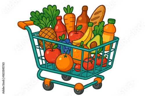 Colorful shopping cart filled with fresh fruits, vegetables, bread, bottles, juice, and groceries isolated on transparent background. Healthy supermarket produce. Vector cartoon illustration.