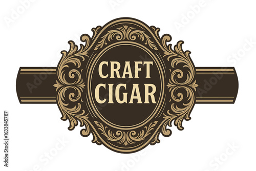 Vintage craft cigar band label vector illustration, ornate retro tobacco product packaging design, decorative gold filigree frame, luxury hand-rolled cigar branding, elegant classic style art