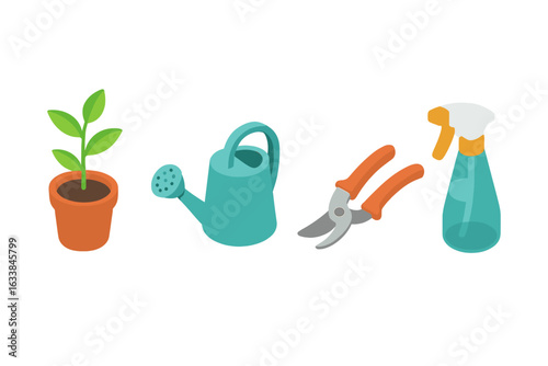 Isometric flat icons set of potted plant care essentials with watering can, pruning shears, spray bottle, gardening tools, houseplant maintenance equipment, indoor plant care vector illustration