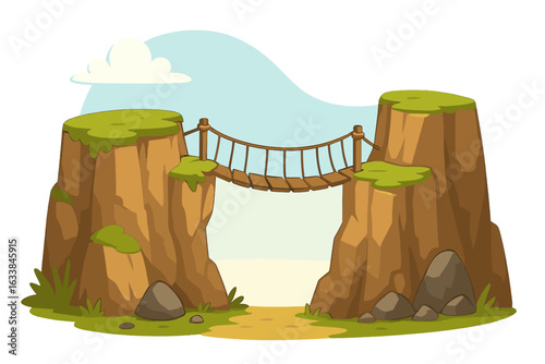 Digital landscape illustration featuring rugged cliffs and a wooden bridge connecting two rocky outcrops under a clear blue sky, vector cartoon style with transparent background, nature scenery