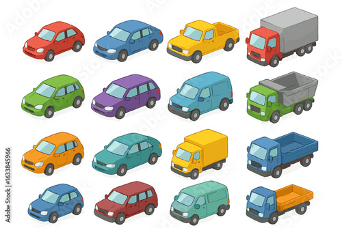Isometric vector illustration of colorful cars, trucks, vans, and utility vehicles arranged in rows. Cartoon transport set for infographics, auto industry, delivery, logistics, urban street design