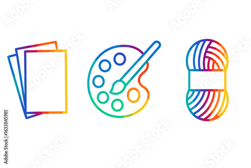 Rainbow craft supplies vector icons set. Outline colorful illustration of art materials: stack of colored paper sheets, artist paint palette with brush, skein of yarn. Creative hobby tools clipart