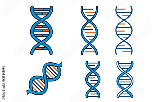DNA helix vector icons set. Colorful cartoon double helix nucleotide strand illustrations. Genetic code, biotechnology, genome, molecular biology, science, research, medicine, transparent background.