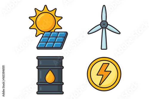 Renewable and Nonrenewable Energy Sources Icons Set. Solar Panel, Sun, Wind Turbine, Oil Barrel, Electric Symbol. Clean Energy, Fossil Fuels, Alternative Technology. Modern Vector Illustration.