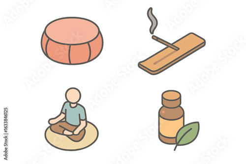 Meditation and Relaxation Icons Set. Isometric Flat Vector Icons of Meditation Cushion, Incense Stick, Essential Oil Bottle, Person Practicing Mindfulness. Wellness, Spa, Calm, Aromatherapy