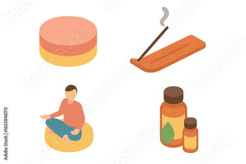 Relaxation and Meditation Isometric Icon Set – Meditation Cushion, Aromatherapy Incense Stick, Essential Oil Bottles, Mindfulness Practice, Calm Wellness, Spa Therapy Vector Illustration