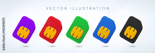 Vector cartoon 3d Sim card icon set. Minimal realistic 3d render of color blue, red, green mobile phone gsm SIM card with golden circuit chip. Communication technology illustration, gsm network eSIM.
