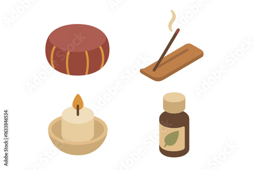 Isometric Relaxation Icon Set of 4 with Meditation Cushion, Incense Stick, Essential Oil Bottle, and Aromatherapy Elements, Calm and Wellness Vector Illustration on Transparent Background