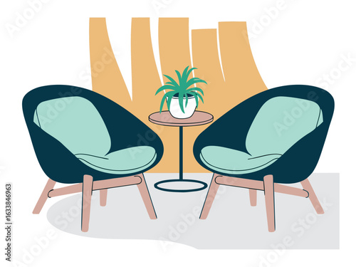 Two modern armchairs flanking a small round table with a potted plant furniture interior