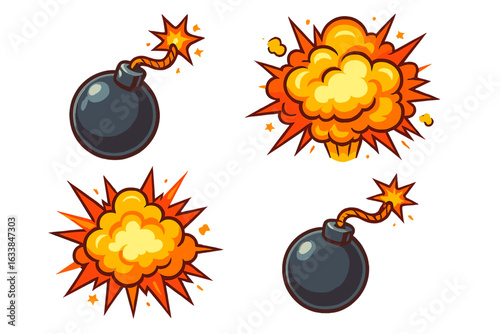 Cartoon bomb and explosion vector set. Dynamite, detonator, bursting blast, comic explosion, fireball, fuse lit, burning fuse, dynamic blast, icon isolated on white background