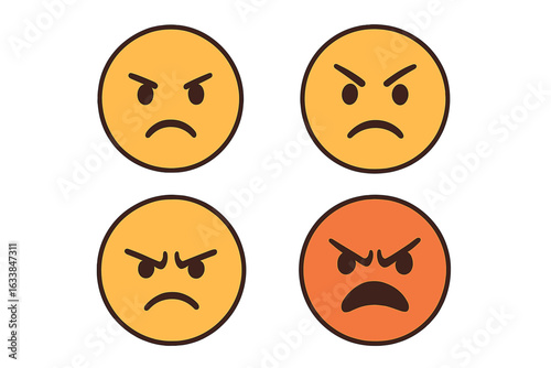Angry face emotion icons set. Cartoon emoji expressions of anger, rage, frustration, annoyance. Vector illustration of various angry faces. Emotion scale. Emotional facial reaction symbols pack.
