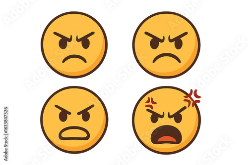 Angry Emoticons Collection, Cartoon Vector Faces Showing Expressions of Anger, Annoyance, Frustration, Rage, Aggression, Emotional Emoji Set, Digital Illustration, Isolated Transparent Background