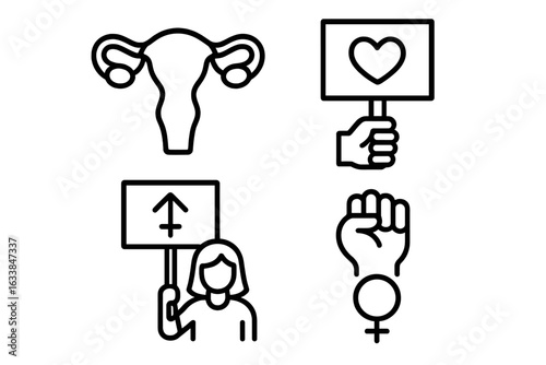 Reproductive rights vector icons, outline set. Feminism, women’s health, uterus, gender equality, protest signs, empowerment, heart symbol, feminist fist, activism, female power, equality movement.