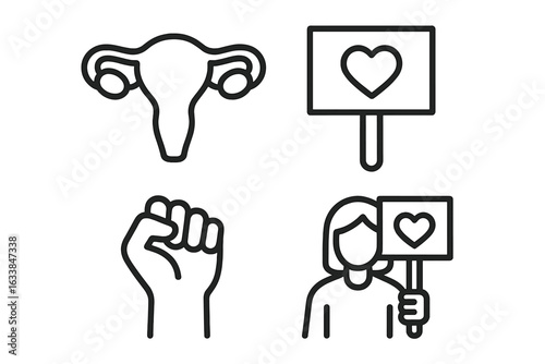 Reproductive Rights Outline Icons Set. Uterus Symbol, Protest Fist, Woman Holding Heart Placard, Feminism, Gender Equality, Women's Health, March, Activism Concept. Vector Illustration