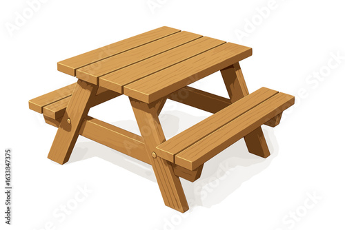 3D wooden picnic table vector illustration, outdoor garden furniture, realistic brown wood planks, traditional park bench seating, rustic style, isolated on transparent background