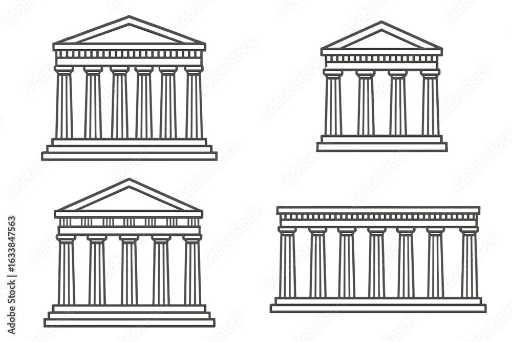 Obraz premium Ancient Greek Temples Vector Set. Classical Architecture Illustration Collection. Outline Parthenon Icon, Corinthian, Ionic, Doric Columns. Historic Landmarks, Museum Facade. Editable Clipart