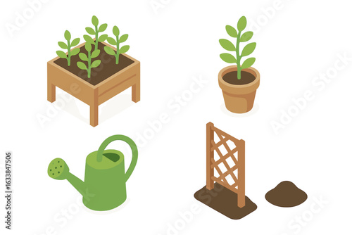 Rooftop gardening isometric icon set. Urban garden tools and accessories, raised planter bed, potted plant, watering can, trellis, soil. Vector illustration for sustainable city gardening concepts.